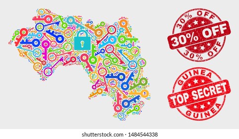 Safety Republic of Guinea map and seal stamps. Red rounded Top Secret and 30% Off scratched seal stamps. Colorful Republic of Guinea map mosaic of different privacy elements.