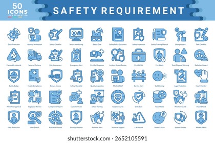 Safety Requirement icon collection. Simple blue vector illustrations.