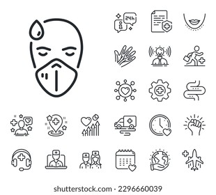 Safety respiratory mask sign. Online doctor, patient and medicine outline icons. Sick man with medical mask line icon. Coronavirus face protection symbol. Sick man line sign. Vector