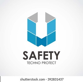 Safety ribbon of shield technology abstract vector and logo design or template protection business icon of company identity symbol concept