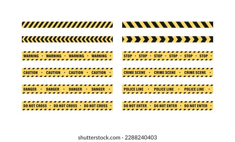Sicherheitsbänder-Symbol. Vektorfarbensatz für Illustrationen. Gelbe und schwarze Restriktionslinie nahtloses Band mit Warnung, Vorsicht, Gefahr, nicht überschneiden Text. Polizei- und Verbrecherszene