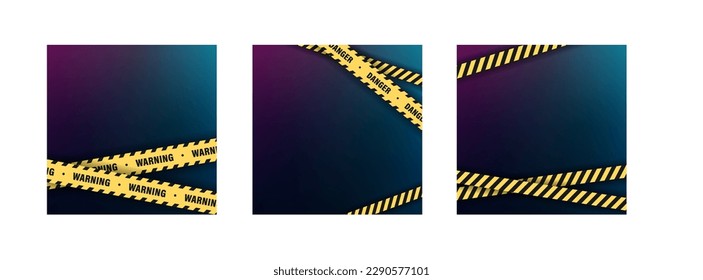 Safety ribbon symbol. Vector color illustration set. Yellow and black restriction line tape with warning, danger text on square frame dark gradint color background. Design for social media post