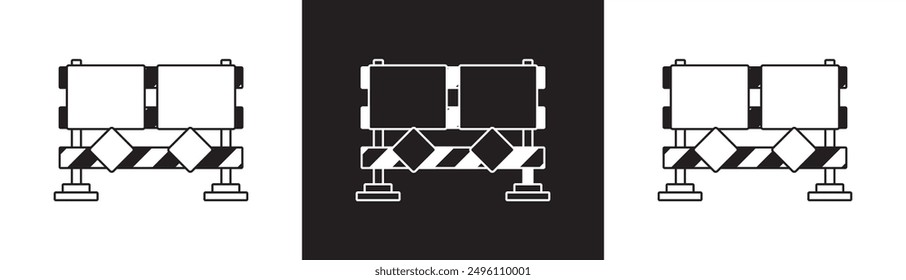 Sicherheits- und Straßenreparaturschild Symbol Straßensperre, Straßensperrung und Fußgängersperre, Sichtbarriere flach. Stoppen Sie das Blockieren von Datenverkehr.  Verkehrsschranke einzeln auf schwarz-weißem und transparentem Hintergrund.