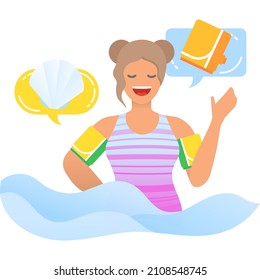 Safety rubber inflatable swim armbands vector icon. Swimming equipment for secure floatation in water. Woman wearing swimwear. Advertisement concept