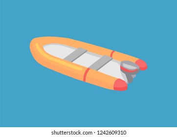 Safety rubber sailboat, transportation vehicle at sos situations, motor rowing craft vector. Inflatable rescue boat sailing in deep blue waters isolated icon