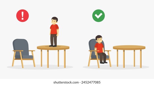 Safety rule for kids. Dos and don'ts. Happy male kid sits on an armchair and other boy climbed on a table. Flat vector illustration template.