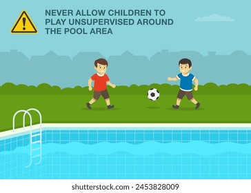 Regla de seguridad para los niños. Dos niños jugando a la pelota junto a la piscina al aire libre. Nunca permita que los niños jueguen sin supervisión alrededor de la zona de la piscina. Plantilla de Ilustración vectorial plana.