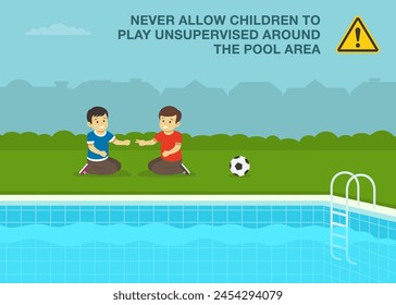 Regla de seguridad para los niños. Dos niños jugando "tijeras de papel de roca" juego al lado de la piscina al aire libre. Plantilla de Ilustración vectorial plana.