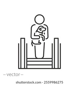 safety rule on escalator icon, holding animal in hands,  human with a pet, transportation of dogs on the escalator,thin line web symbol on white background - editable stroke vector illustration eps10