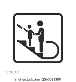 safety rule for parent with kids, elevator sign, hand holding child on the escalator icon, flat vector illustration