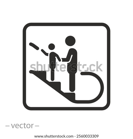safety rule for parent with kids, elevator sign, hand holding child on the escalator icon, flat vector illustration