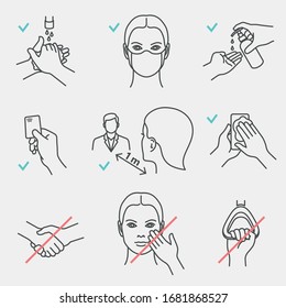 Safety rules to avoid virus infection. Set of quality vector icons with editable line thickness