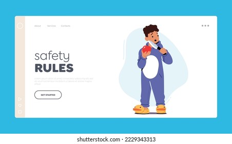 Safety Rules for Kids Landing Page Template. Child Holding Sharp Knife for Cutting Apple. Kid In Dangerous Situation, Risk At Home Concept With Little Boy Character. Cartoon Vector Illustration