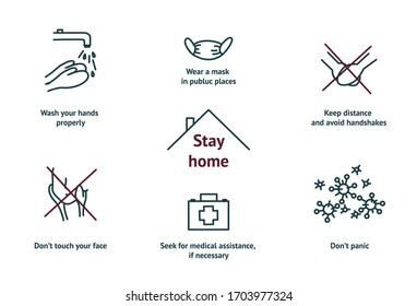 Safety rules for pandemic period. Stay home, wash your hands, keep distance, wear a mask and do not touch your face. Flat icons on white background. Vector illustration