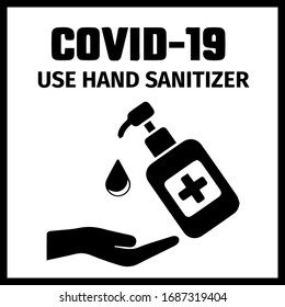 Safety rules for preventing coronavirus disease. Avoid contact during the spread of the COVID-19 virus. Use hand sanitizer. Black color.