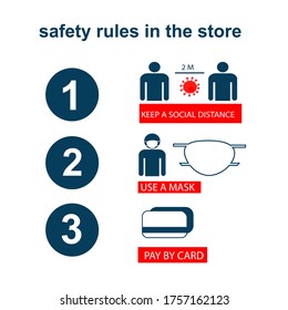 Safety rules in the store: keep a social distance, use a mask, and pay for products with a card. Concept of prevention of coronavirus infection. Icon, sticker. Vector flat illustration