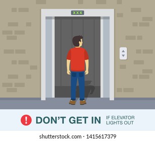 Safety rules and tips. Young man standing in front of the broken dark elevator doors. Lift is out of service. Flat vector illustration.
