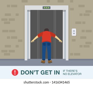 Safety rules and tips. Young man is about to fall into the lift shaft. Standing in front of the broken elevator doors. Lift is out of service. Flat vector illustration templte.