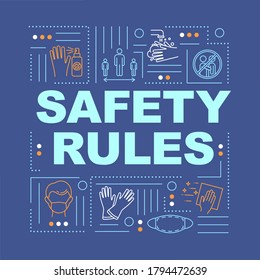 Safety rules word concepts banner. Infographics with linear icons on blue background. Healthy practices to protect from covid 19. Wash hands. Isolated typography. Vector outline RGB color illustration