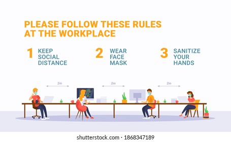 Safety Rules At Workspace During Pandemic Covid-19. New Normal Office Concept. People In Face Mask Working Together, Keeping Distance. Prevention Coronavirus Spreading. Vector Banner. White Background