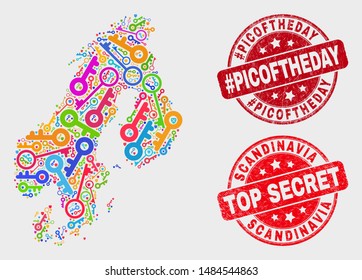 Safety Scandinavia map and seals. Red round Top Secret and #Picoftheday distress seals. Colored Scandinavia map mosaic of different guard icons. Vector composition for guard purposes.