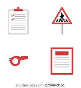 Safety and school admin icons featuring checklist clipboard, pedestrian sign, whistle and document.