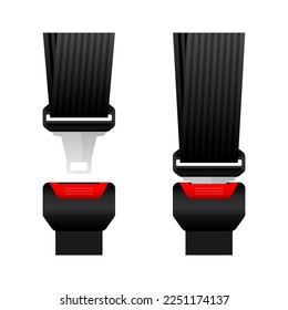 Safety Seat Belt. Open and closed seat belt. Realistic travel belt. Concept of car passenger security or aircraft driver protection. Vector illustration.