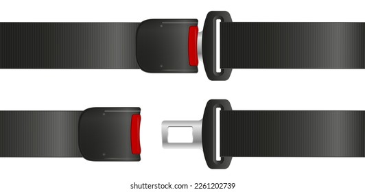 Safety seat belt, open and closed seatbelt. Art design road strap. Abstract concept car, airplane driver protection graphic element. Vector