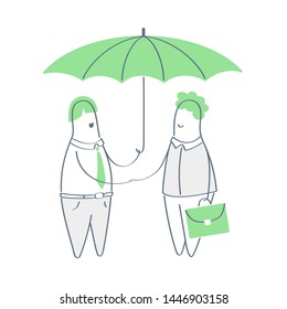 Safety, secure, insurance or safety vector illustration, two people are standing under the umbrella and making a deal shaking hands. Health life insurance, make a save, security of the agreement.