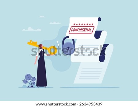 Safety or security to archive file or document concept, confidential document, privacy protection or secret, businesswoman lock document with padlock and keyword, accessibility control