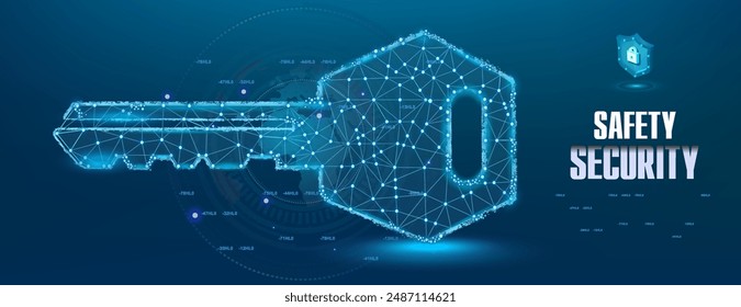 Safety and security. Cyber banner with digital key hologram. Electronic luminous key with locked code. Holographic electronic key on futuristic background. Digital security concept