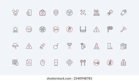 Safety and security equipment to save and care life, prevention of accident line icon set. Protective glasses and glove of worker, warning sign thin black and red outline symbols vector illustration