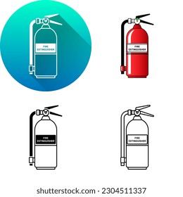 Safety Security Fire Extinguisher Laboratory Equipment, Set of Flat Long Shadow, Color, Black-White Silhouette, Line Art Icon Symbol Logo Isolated on White Background