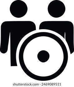 A safety and security icon that consists of three silhouettes standing around a shield symbolizing protection, defense, or risk management.