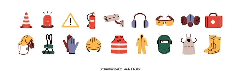 Safety, security icons set. Work helmet, gloves, vest, cone, alarm signs. Caution, warning symbols for personal occupational protection. Flat graphic vector illustrations isolated on white background