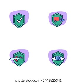 Conjunto de iconos de línea de seguridad. Avión, camión, ojo en escudo, escudo con marca de verificación. Concepto de transporte y seguro. Elemento de símbolo de ilustración vectorial para diseño web, aplicaciones