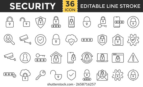 Safety and Security Line Icon Set. Pixel perfect and Outline Editable Stroke Icons collection for Protection, Cybersecurity, Password, Lock, Shield, Smart Home and Access