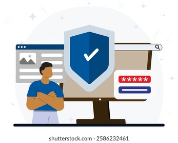 Safety and security of personal information. Small people stand near big shield, screen, website, smartphone. Poster for social media, web page, banner, presentation. 
