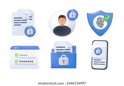 Sicherheit, Sicherheit, Schutz 3D-Icons. Symbole für sichere Internetpräsenz. Sichere Interaktionen, geschütztes Profil und Standort. Moderne bearbeitbare 3D-Symbole