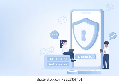 Safety, security and protection concept. Account protect, strong password, encryption key, firewall, verify, sensitive data from cyber attack and threats. Flat vector design illustration copy space.