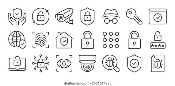 Iconos de contorno de trazo editables de concepto de seguridad, seguridad y protección, aislados en la ilustración plana del vector de fondo blanco. Pixel perfecto. 64 x 64.