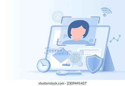 Concepto de seguridad y protección. Proteja datos confidenciales, contraseñas, detalles financieros, datos personales. Ilustración vectorial plana con espacio de copia.