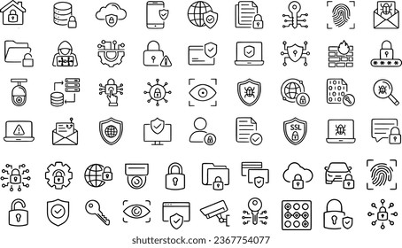 Iconos de seguridad, seguridad, protección de línea delgada.Iconos de contorno de trazo modificables de ciberseguridad configurados. Protección de datos, spam, seguro, seguridad, antivirus, contraseña, privacidad, padlock y hacker. Vector.
