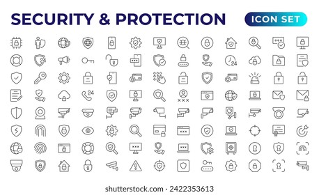 Safety, security, protection thin line icons. For website marketing design, logo, app, template, etc.Set of security shield icons, shield logotypes with a check mark, and padlock. Security symbols.