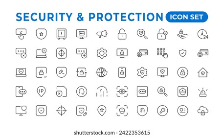 Safety, security, protection thin line icons. For website marketing design, logo, app, template, etc.Set of security shield icons, shield logotypes with a check mark, and padlock. Security symbols.