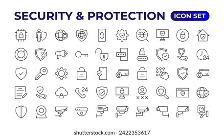 Iconos de seguridad, seguridad, protección de línea delgada. Para el diseño de marketing de sitios web, logotipo, aplicación, plantilla, etc.Conjunto de iconos de protección de seguridad, logotipos de escudo con marca de verificación y candado. Símbolos de seguridad.