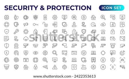 Safety, security, protection thin line icons. For website marketing design, logo, app, template, etc.Set of security shield icons, shield logotypes with a check mark, and padlock. Security symbols.