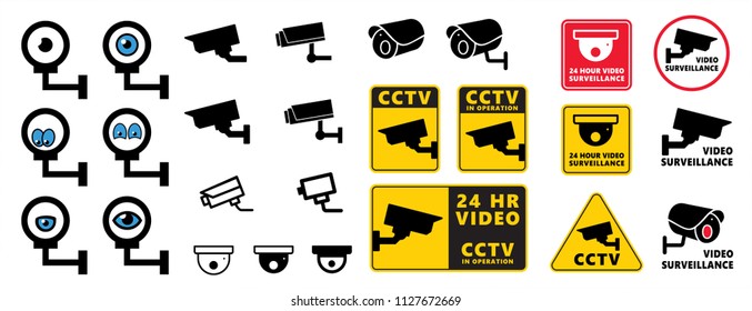 Safety, security surveillance video camera eye, cctv alert attention zone. Yellow warning, motion sensor. Alarm system sign. Prohibition. Digital admittance vector dome. Access granted.