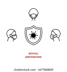 Сovid-19 safety and security symbol. Social Distance for prevention of spreading the infection. Vector illustration of people in facemasks