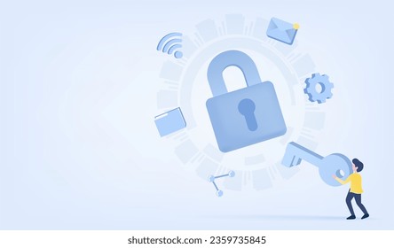 Safety and security technology concept. Business people holding big key to access account, personal detail, secure sensitive data from cyber-attack and other forms of online threats. 